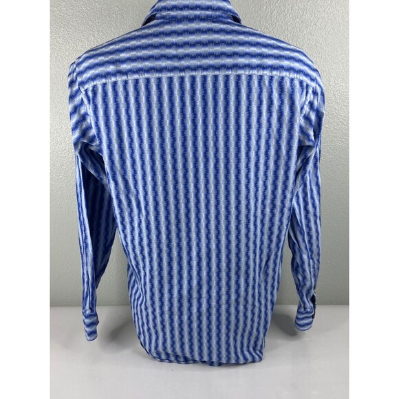 Bugatchi Uomo Men Large Button Front Shirt Blue Geometric Stripe Flip Cuff - Picture 5 of 9